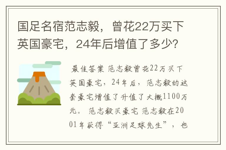 国足名宿范志毅，曾花22万买下英国豪宅，24年后增值了多少？