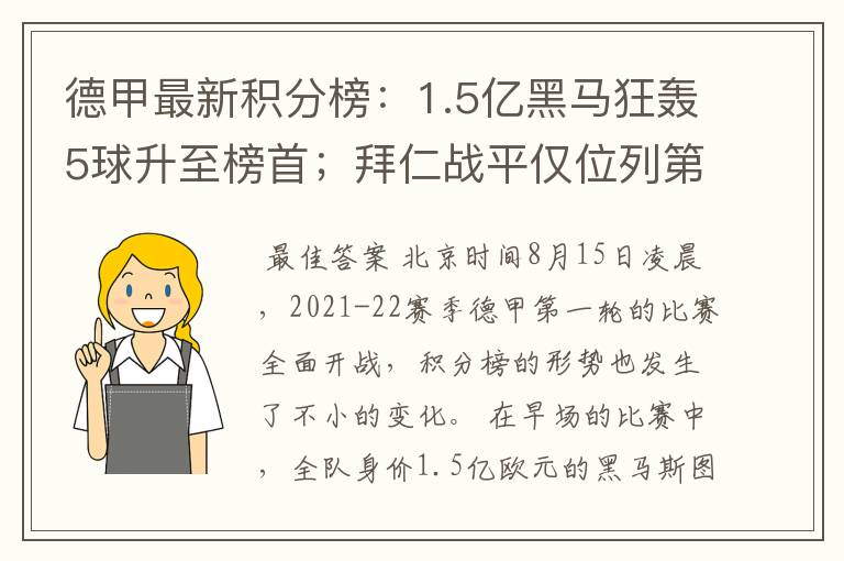 德甲最新积分榜：1.5亿黑马狂轰5球升至榜首；拜仁战平仅位列第7