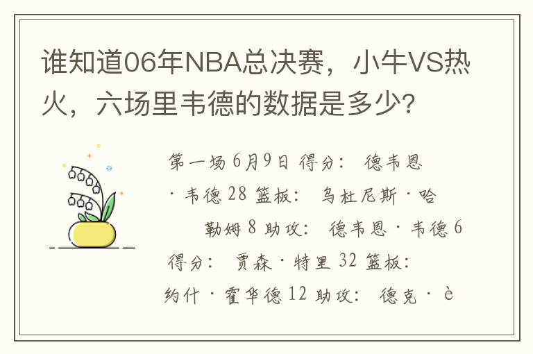 谁知道06年NBA总决赛，小牛VS热火，六场里韦德的数据是多少?