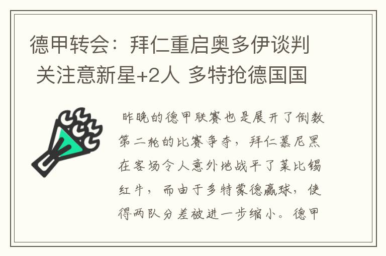 德甲转会：拜仁重启奥多伊谈判 关注意新星+2人 多特抢德国国脚