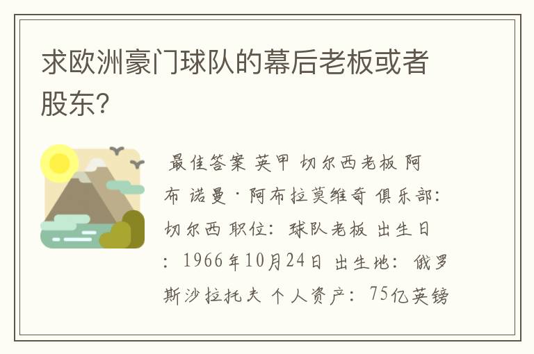 求欧洲豪门球队的幕后老板或者股东？