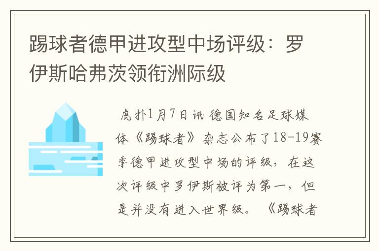 踢球者德甲进攻型中场评级：罗伊斯哈弗茨领衔洲际级