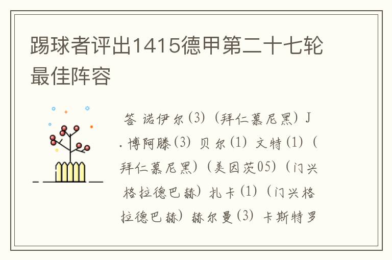 踢球者评出1415德甲第二十七轮最佳阵容