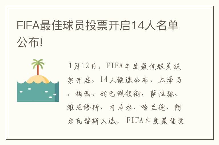 FIFA最佳球员投票开启14人名单公布!