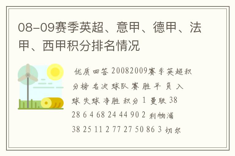 08-09赛季英超、意甲、德甲、法甲、西甲积分排名情况