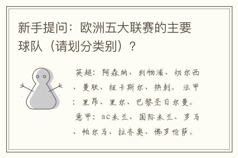 新手提问：欧洲五大联赛的主要球队（请划分类别）？