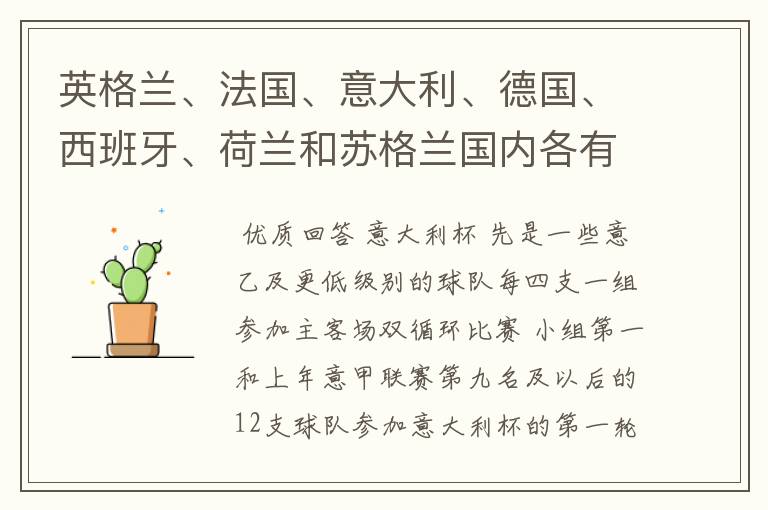 英格兰、法国、意大利、德国、西班牙、荷兰和苏格兰国内各有什么杯赛？