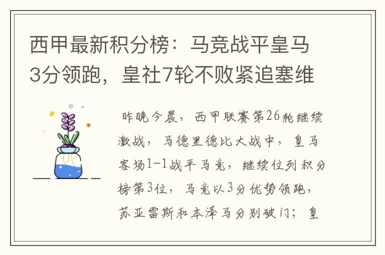 西甲最新积分榜：马竞战平皇马3分领跑，皇社7轮不败紧追塞维