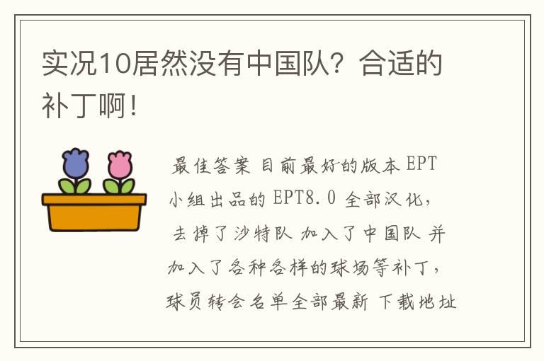 实况10居然没有中国队？合适的补丁啊！