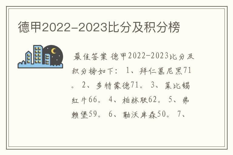 德甲2022-2023比分及积分榜