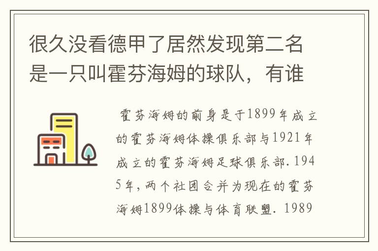 很久没看德甲了居然发现第二名是一只叫霍芬海姆的球队，有谁知道吗