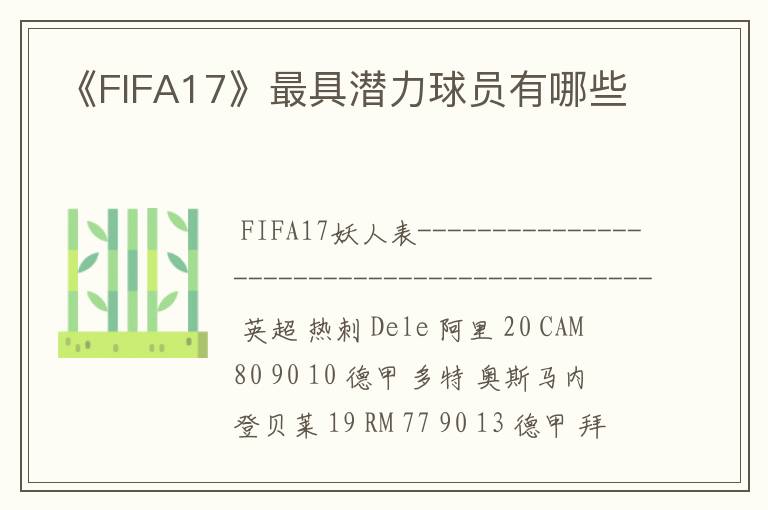 《FIFA17》最具潜力球员有哪些