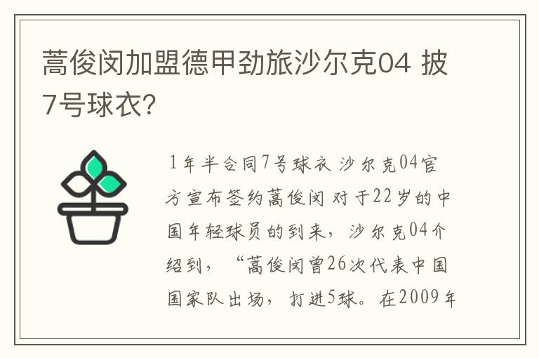 蒿俊闵加盟德甲劲旅沙尔克04 披7号球衣？