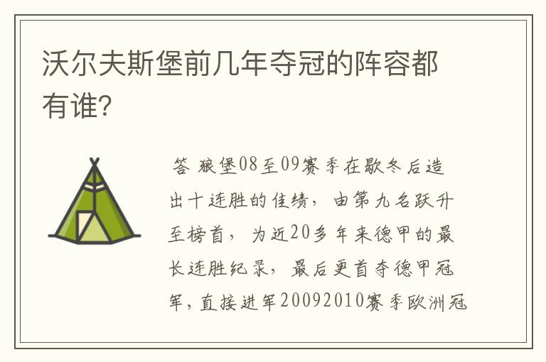 沃尔夫斯堡前几年夺冠的阵容都有谁？