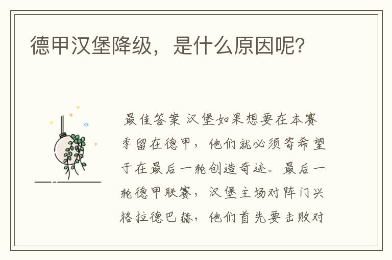 德甲汉堡降级，是什么原因呢？