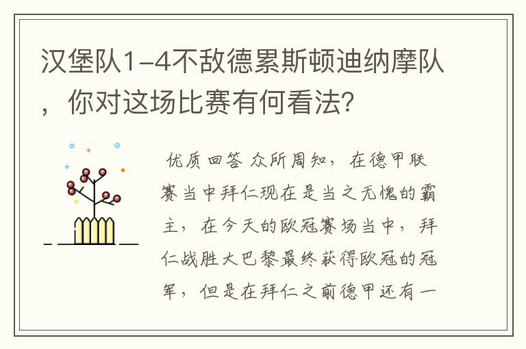 汉堡队1-4不敌德累斯顿迪纳摩队，你对这场比赛有何看法？