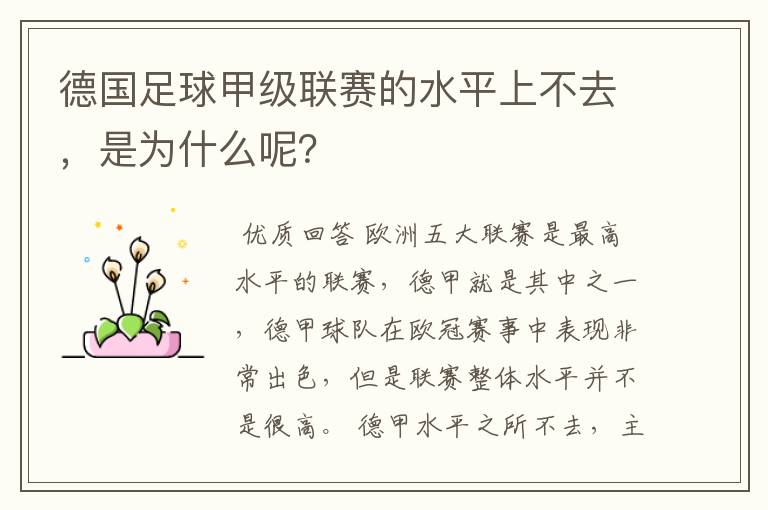 德国足球甲级联赛的水平上不去，是为什么呢？