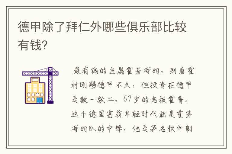 德甲除了拜仁外哪些俱乐部比较有钱？