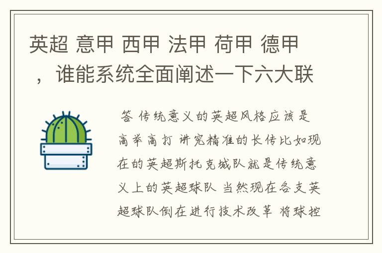 英超 意甲 西甲 法甲 荷甲 德甲 ，谁能系统全面阐述一下六大联赛风格的优缺点 ，