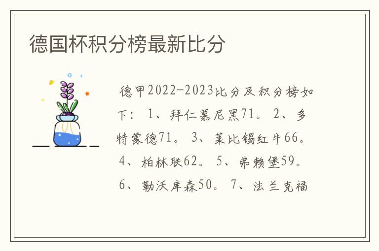 德国杯积分榜最新比分