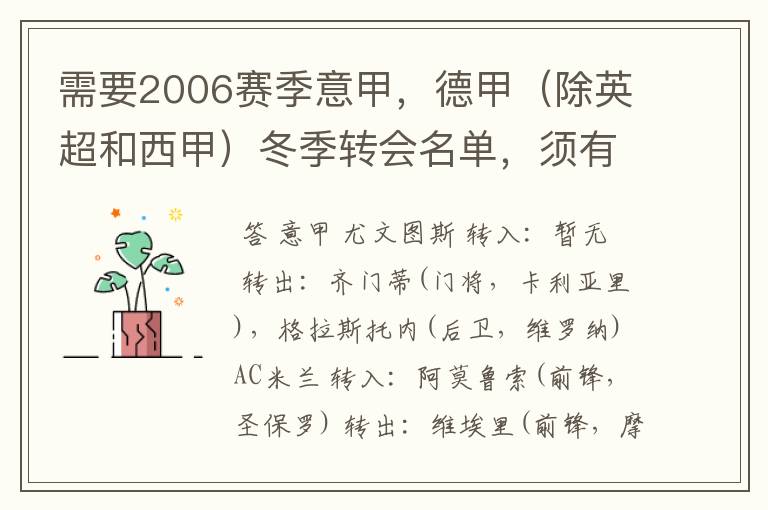 需要2006赛季意甲，德甲（除英超和西甲）冬季转会名单，须有转会方式