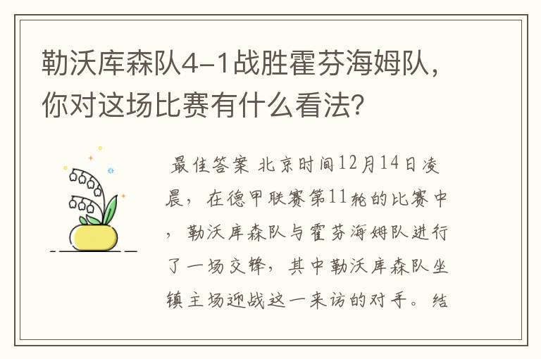 勒沃库森队4-1战胜霍芬海姆队，你对这场比赛有什么看法？