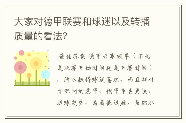 大家对德甲联赛和球迷以及转播质量的看法？