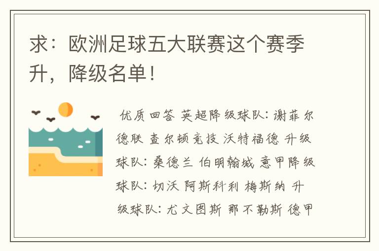 求：欧洲足球五大联赛这个赛季升，降级名单！