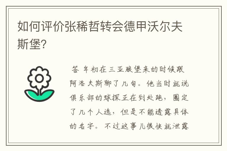 如何评价张稀哲转会德甲沃尔夫斯堡？