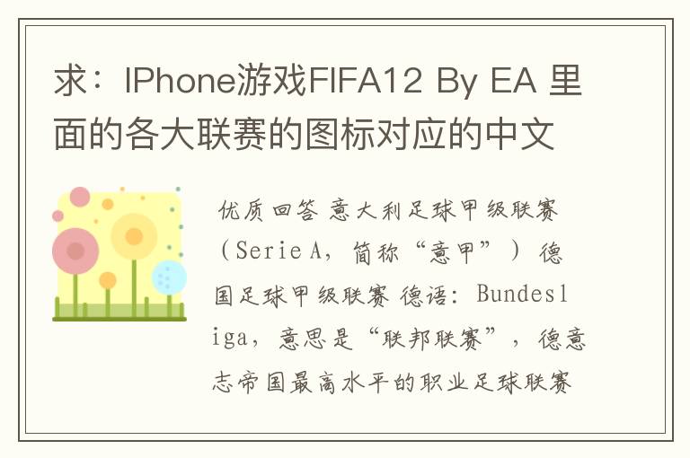 求：IPhone游戏FIFA12 By EA 里面的各大联赛的图标对应的中文名称 例如：Liga BBVA 西甲