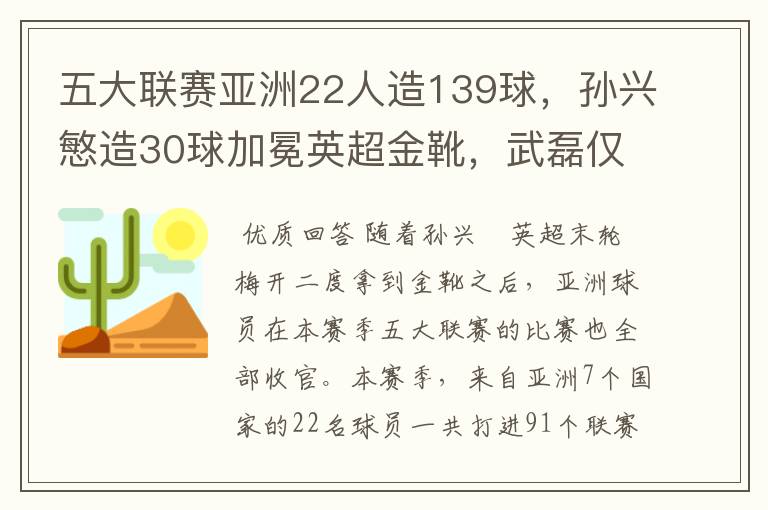 五大联赛亚洲22人造139球，孙兴慜造30球加冕英超金靴，武磊仅1球