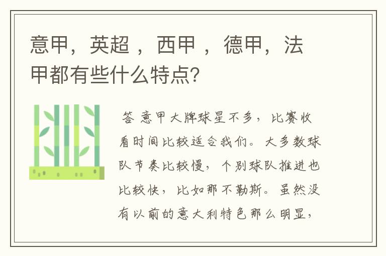 意甲，英超 ，西甲 ，德甲，法甲都有些什么特点？