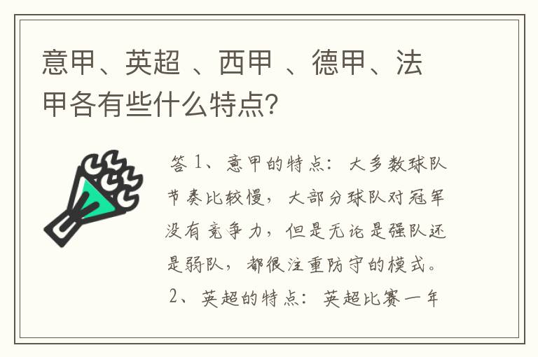 意甲、英超 、西甲 、德甲、法甲各有些什么特点？