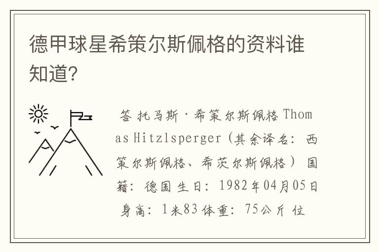 德甲球星希策尔斯佩格的资料谁知道？