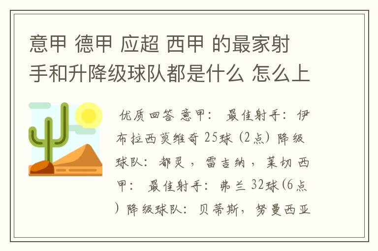 意甲 德甲 应超 西甲 的最家射手和升降级球队都是什么 怎么上来的