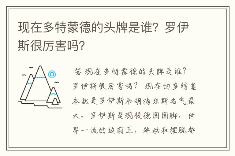 现在多特蒙德的头牌是谁？罗伊斯很厉害吗？