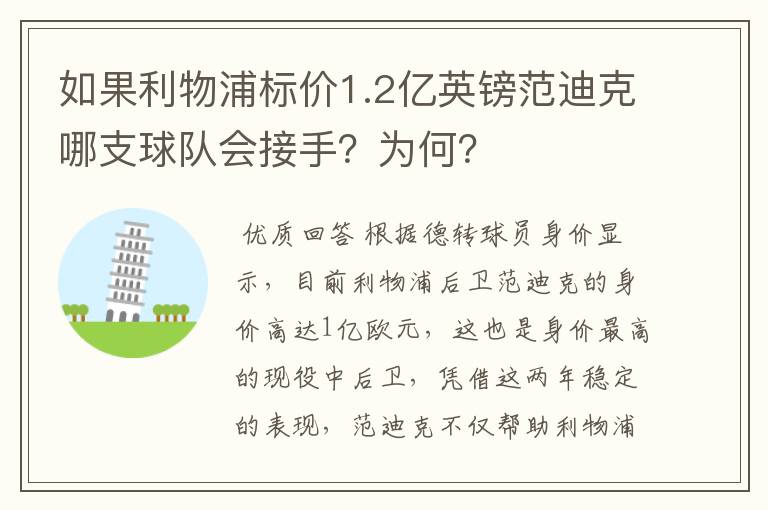 如果利物浦标价1.2亿英镑范迪克哪支球队会接手？为何？