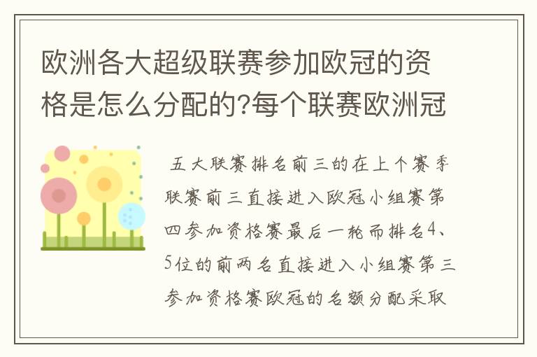 欧洲各大超级联赛参加欧冠的资格是怎么分配的?每个联赛欧洲冠军杯参赛队