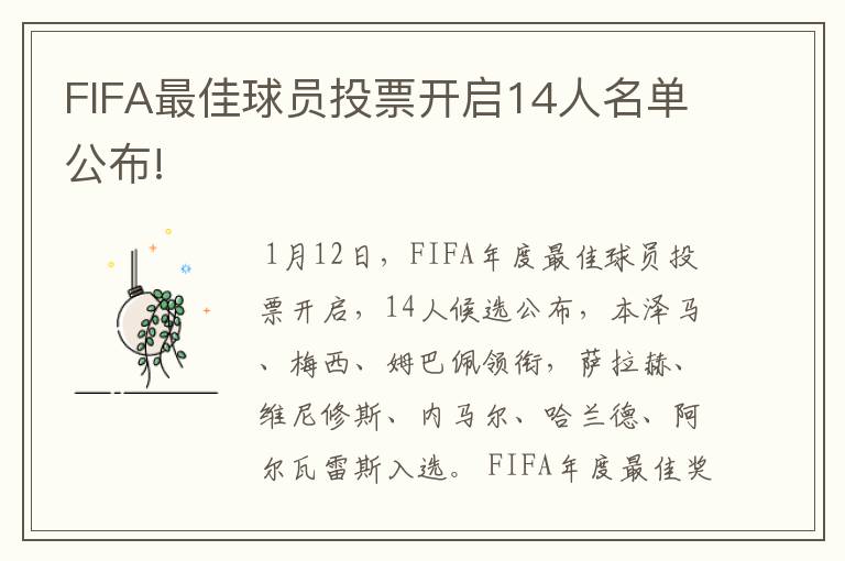 FIFA最佳球员投票开启14人名单公布!