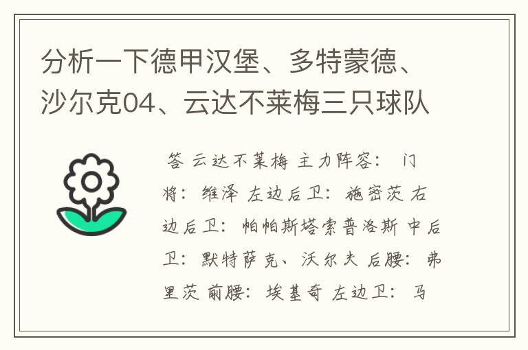 分析一下德甲汉堡、多特蒙德、沙尔克04、云达不莱梅三只球队的人员打法和阵型