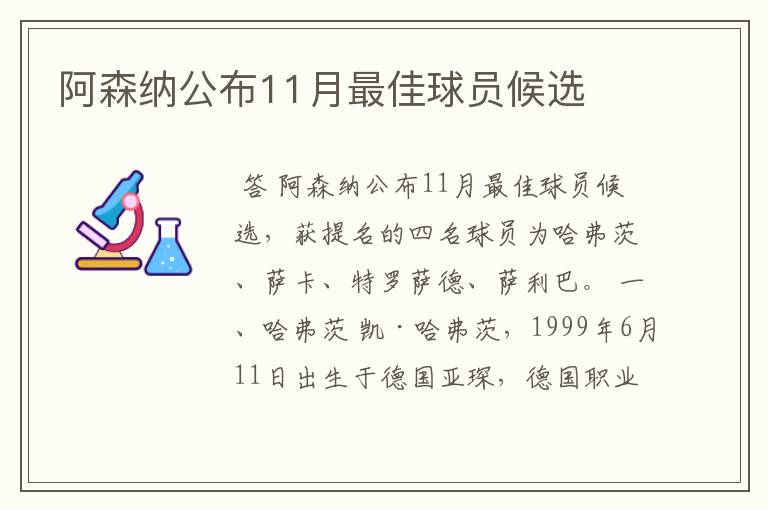 阿森纳公布11月最佳球员候选