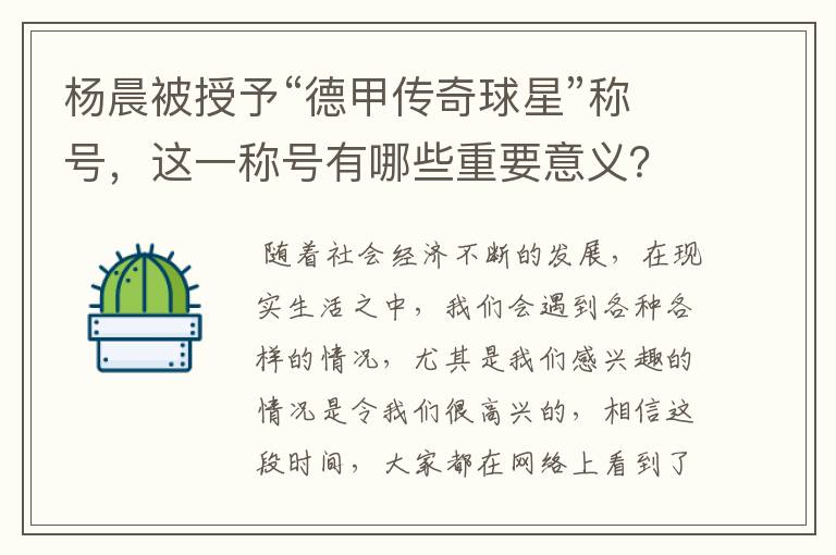 杨晨被授予“德甲传奇球星”称号，这一称号有哪些重要意义？