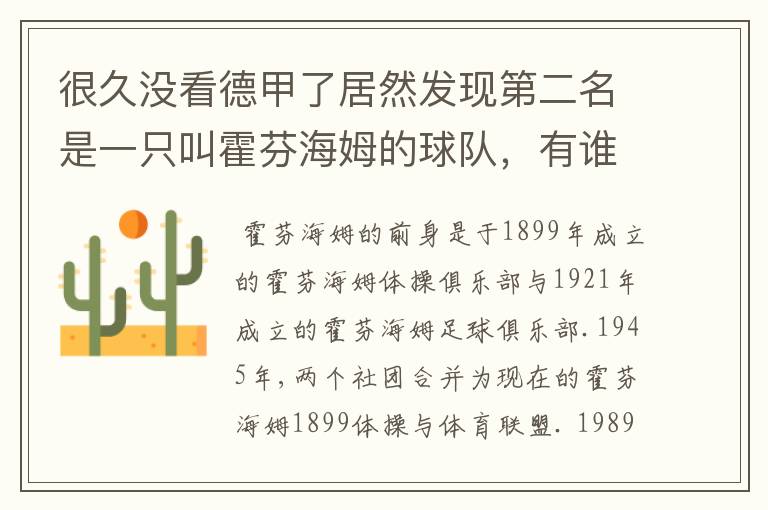 很久没看德甲了居然发现第二名是一只叫霍芬海姆的球队，有谁知道吗