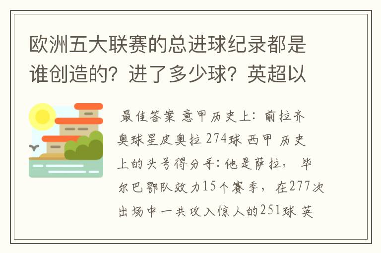 欧洲五大联赛的总进球纪录都是谁创造的？进了多少球？英超以前的英甲总进球纪录又是谁创造的？进了多少球