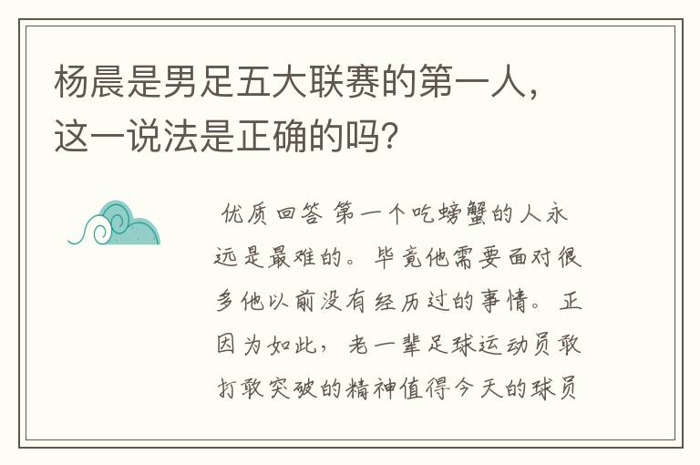 杨晨是男足五大联赛的第一人，这一说法是正确的吗？