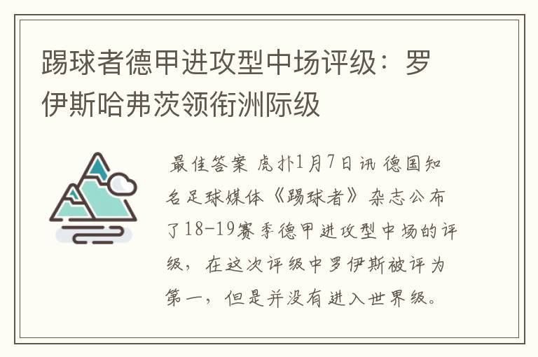 踢球者德甲进攻型中场评级：罗伊斯哈弗茨领衔洲际级