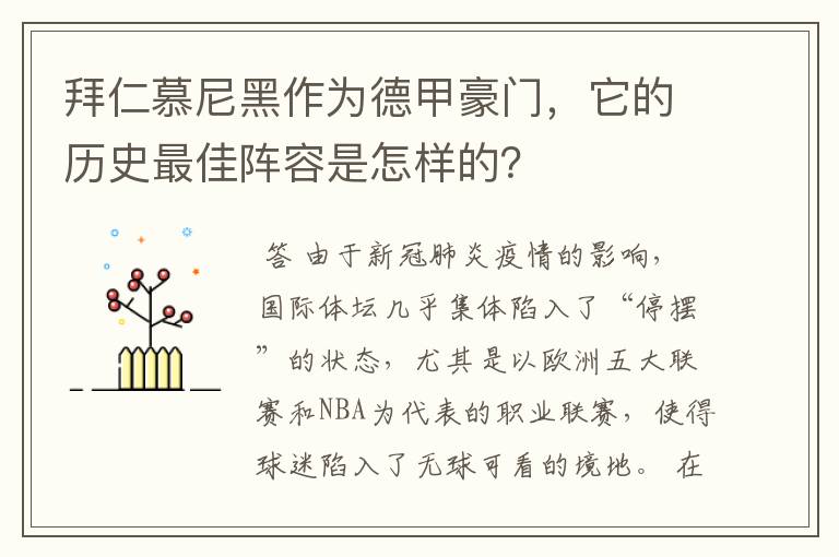 拜仁慕尼黑作为德甲豪门，它的历史最佳阵容是怎样的？