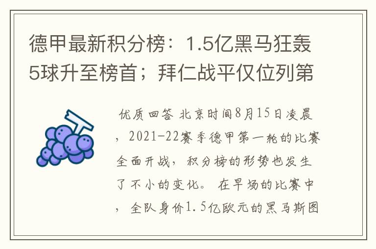 德甲最新积分榜：1.5亿黑马狂轰5球升至榜首；拜仁战平仅位列第7