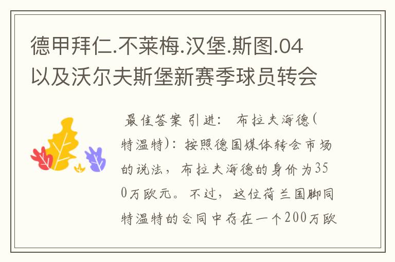 德甲拜仁.不莱梅.汉堡.斯图.04以及沃尔夫斯堡新赛季球员转会一览