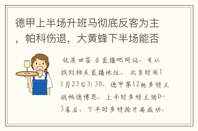 德甲上半场升班马彻底反客为主，帕科伤退，大黄蜂下半场能否绝地反击？